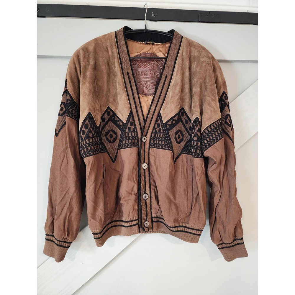 TORRAS  VTG 80's Suede Leather Bomber Style Cardigan Jacket Made in Spain Size40